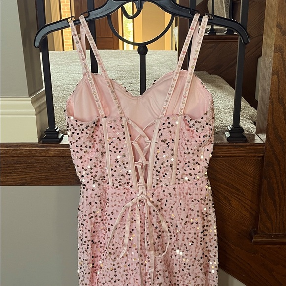 Sparkly sequin mermaid Elegant Pink Prom Dress long slit corset evening gown - Picture 5 of 5